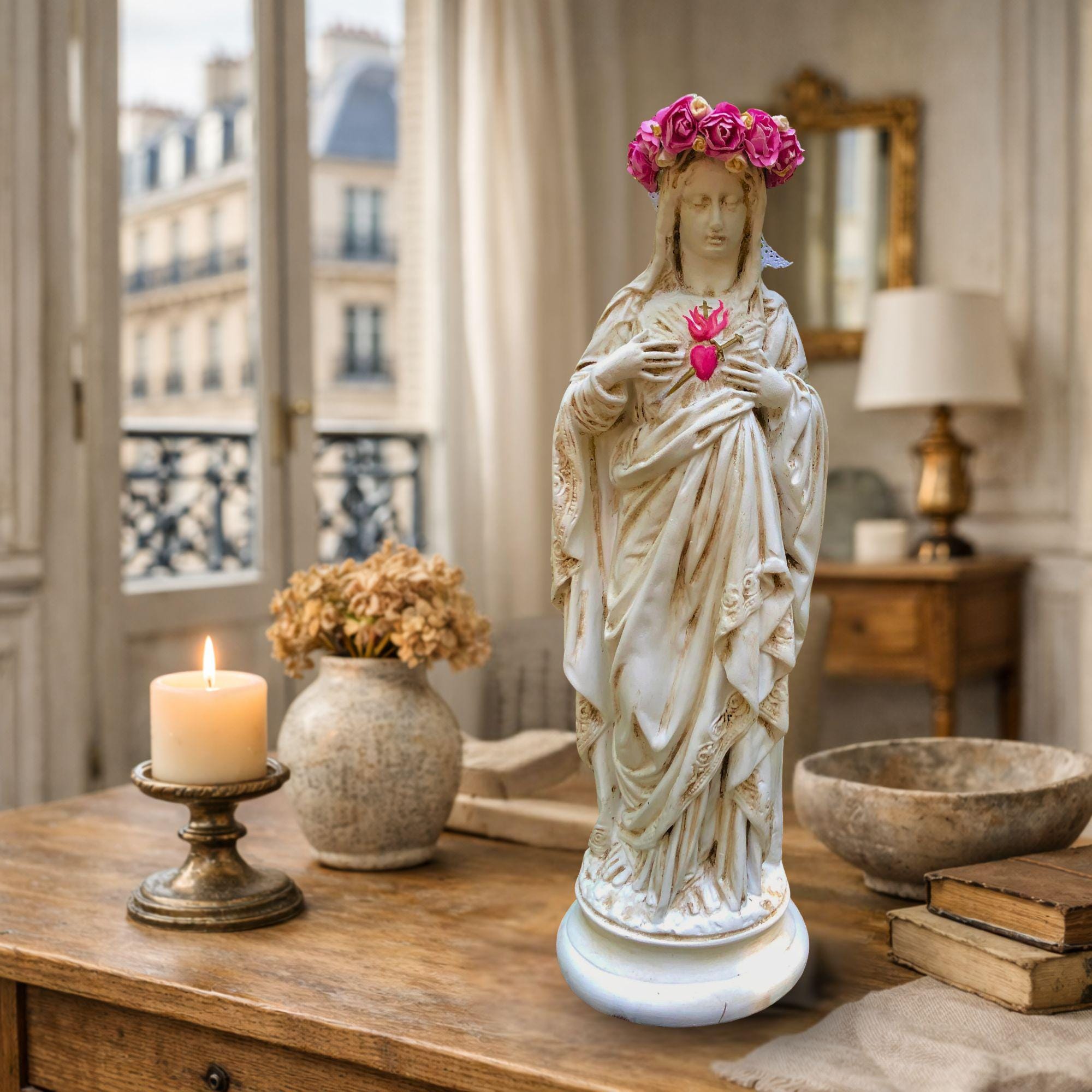 Statue Vierge Marie – 42 Cm – Vintage – Décor Doré – Très Bel état