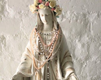 Virgin Mary Statue with Floral Crown & Rosary