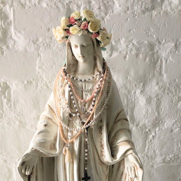 Virgin Mary Statue with Floral Crown & Rosary