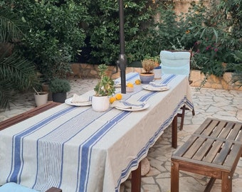 Heavy Linen Tablecloth with Umbrella Hole - French Style Striped Washed Linen Table Cloth with Parasol Hole - Rectangle Square or Round