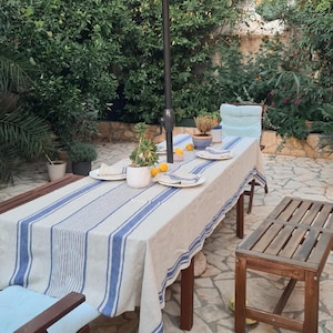 Heavy Linen Tablecloth with Umbrella Hole - French Style Striped Washed Linen Table Cloth with Parasol Hole - Rectangle Square or Round
