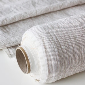 Gestreifter Leinenstoff - Naturweißes Stonewashed 100% Leinen-Flachs-Material