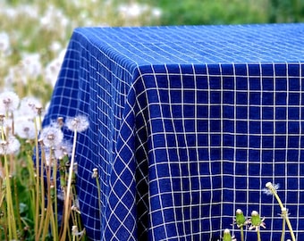 Checkered Blue Linen Tablecloth Rectangle Square Round - Washed 100% Linen Fabric