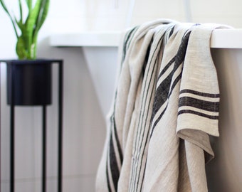 Linen Towel Bath Sheet - Big Striped French Style Beach Bathroom Sauna Sheet - 100% Softened Organic Linen Stripe Blanket