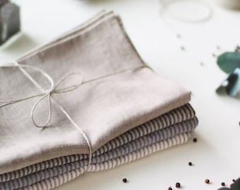 Linen Kitchen Towel Set - Natural Striped Tea Dining Towel - Stonewashed 100% Linen Dishcloth