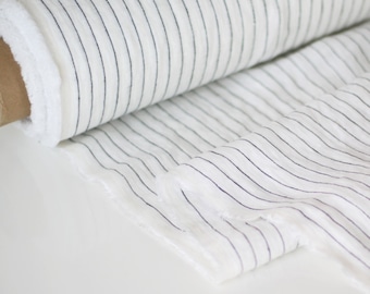 Striped Linen Fabric - White Black Stonewashed 100% Linen Flax Material - Fabric by the Meter - Fabric by the Yard