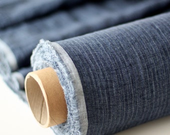 Striped Linen Fabric Blue Melange - Denim Jeans Stonewashed 100% Linen Flax Material.