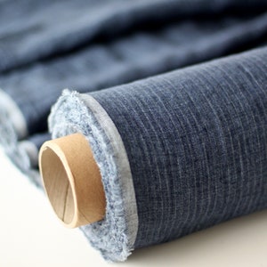 Striped Linen Fabric Blue Melange - Denim Jeans Stonewashed 100% Linen Flax Material.