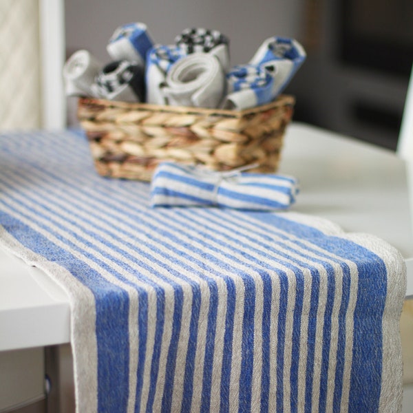Chemin de table en lin - lin naturel lavé bleu épais à rayures - décoration de table de ferme rustique