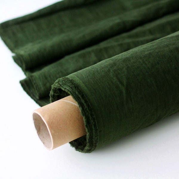 Khaki Green Linen Fabric - Stonewashed 100% Linen Flax Material by the Meter