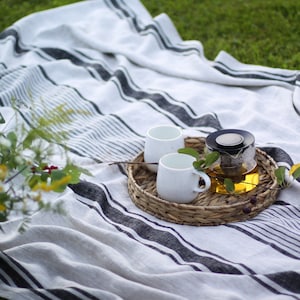 Linen Picnic Blanket - French Style Throw Blanket - Striped Bedspread Cover