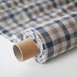 Checkered Linen Fabric - Blue Gray Beige Stonewashed 100% Linen Flax Material - Fabric by the Meter - Fabric by the Yard