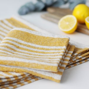 Toalla de té de lino Paño de cocina de peso pesado Toalla de comedor de té a rayas naturales Toalla de mano rústica duradera Yellow Stripes