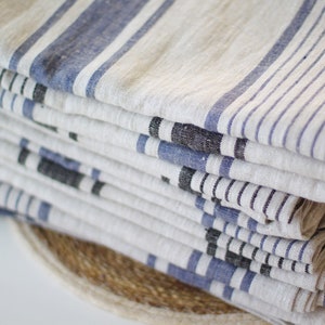 Big Linen Beach Towel Blanket - Striped French Style Bath Beach Bathroom Sauna Sheet - 100% Softened Linen Blanket