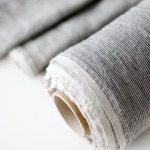 Tissu de lin à rayures - Matériau de lin 100 % lin lavé à la pierre gris naturel