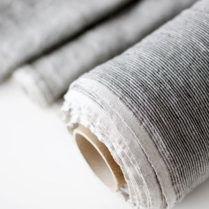 Striped Linen Fabric - Natural Gray Stonewashed 100% Linen Flax Material