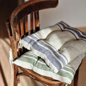 Linen Chair Pad with Ties - French Style Striped Seat Cushion - Natural French Style Heavy Weight 100% Linen Fabric