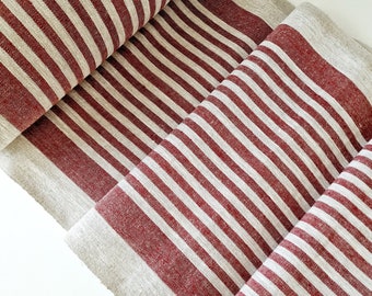 Rough Striped Linen Fabric Red - Narrow Rustic Heavy Weight 100% Linen Flax Material - Fabric by the Meter - Fabric by the Yard 360g/m2