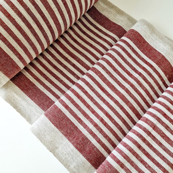 Tissu en lin rayé rugueux rouge - Tissu en lin 100 % lin rustique et épais - Tissu au mètre - Tissu par mètre 360 g/m2