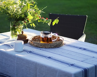 Striped Linen Tablecloth - French Style Striped Washed Heavy Weight Table Cloth