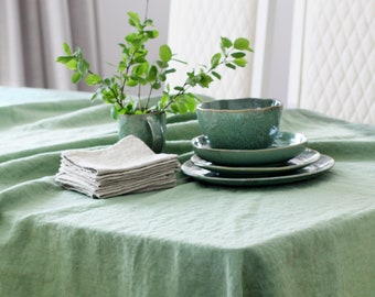 Mantel de lino verde menta lavado a la piedra natural para Navidad, fiestas, bodas y más.