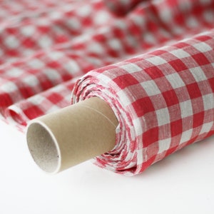 Checkered Linen Fabric - Red Natural Stonewashed 100% Linen Flax Material.
