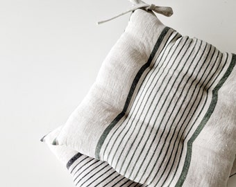 Linen Seat Cushion - Striped Chair Pad with Ties - Chair Pillow -  Natural French Style Heavy Weight 100% Linen Fabric