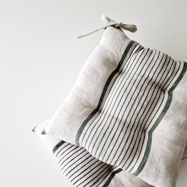 Linen Seat Cushion - Striped Chair Pad with Ties - Chair Pillow -  Natural French Style Heavy Weight 100% Linen Fabric