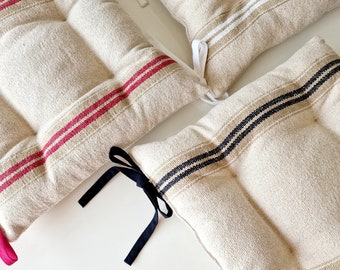Seat Cushion with Ties - Striped Chair Pillow - Natural French Style Heavy Weight 100% Cotton Fabric