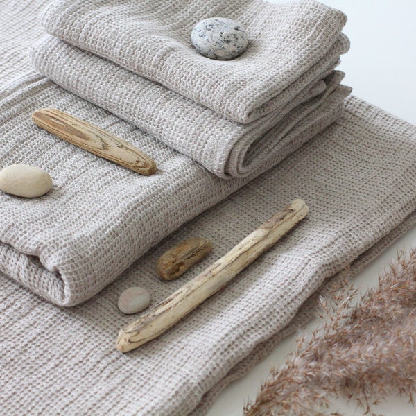 Linen Bath Towel - Waffle Beach Bathroom Sauna Sheet - Face Hand Towel -  100% Softened Linen Towel