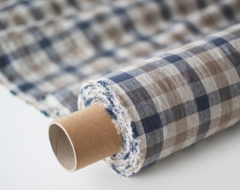 Checkered Linen Fabric - Blue Gray Beige Stonewashed 100% Linen Flax Material - Fabric by the Meter - Fabric by the Yard