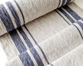 Striped Linen Fabric for Towels - Heavy Weight Narrow Stonewashed 100% Linen Flax Material - Fabric by the Meter or Yard 450g/m2