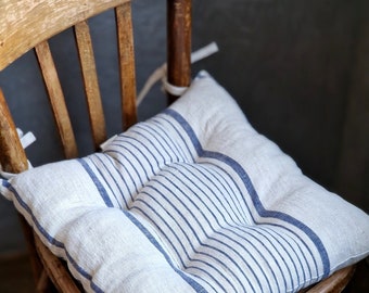 Poduszka na krzesło z lnu - Poduszka na krzesło w paski z wiązaniem - Naturalna tkanina lniana w stylu francuskim, ciężka, 100%