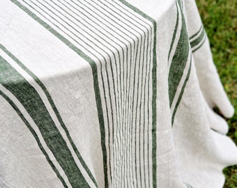 Heavy Linen Tablecloth Round Square Rectangle - French Style Striped Washed Linen Table Cloth