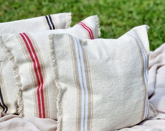 Grain Sack Pillow Cover with Fringes - Farmhouse Stripe Cushion Case - Heavy Weight Striped Ticking Fabric