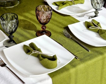 Linen Table Runner for Wedding - Green Stonewashed 100% Linen Fabric