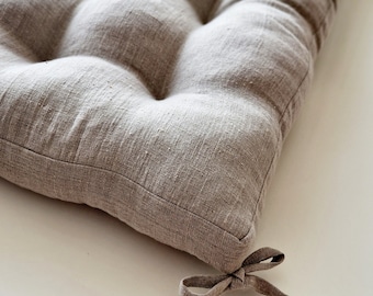 Linen Bench Cushion with Ties - Window Seat - Bench Pillow -  Natural Undyed Heavy Weight 100% Linen Fabric
