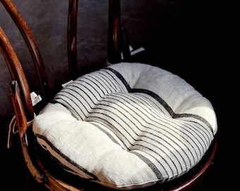 Linen Chair Pad with Ties - Round Square Striped Seat Cushion - Natural French Style Heavy Weight 100% Linen Fabric