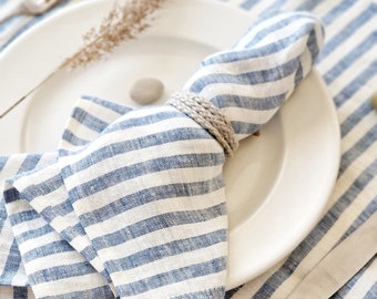 Striped Linen Napkins for  Sea Beach Wedding - Blue and White Stripes
