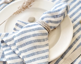 Striped Linen Napkins for  Sea Beach Wedding - Blue and White Stripes