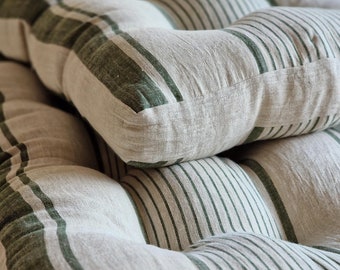 Linen Bench Cushion with Ties - Striped Window Seat - Bench Pillow -  Natural Undyed Heavy Weight 100% Linen Fabric