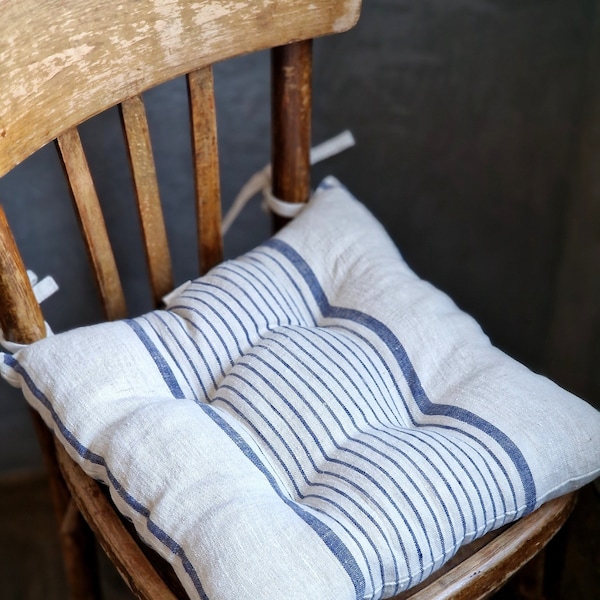 Linen Seat Cushion - Striped Chair Pad with Ties - Chair Pillow -  Natural French Style Heavy Weight 100% Linen Fabric