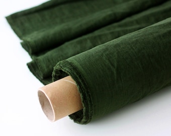 Khaki Green Linen Fabric - Stonewashed 100% Linen Flax Material by the Meter