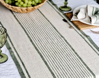 Linen Table Runner Striped - French Style Heavy Weight Natural Table Runner