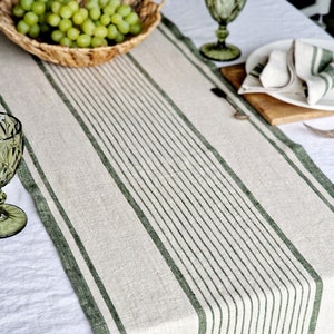 Linen Table Runner Striped French Style Heavy Weight Natural Table Runner Green Stripes