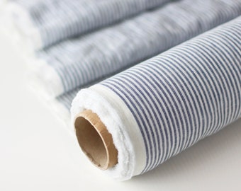 Striped Linen Fabric Blue and White - Lightweight Washed 100% Linen Material 130 g/m2 - Fabric by the Yard