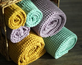 Linen Waffle Bath Towel. Mint Mustard Lavender Hand Towel.