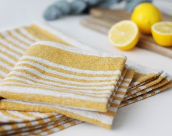 Linen Tea Towel - Kitchen Dishcloth Heavy Weight - Natural Striped Tea Dining Towel - Durable Rustic Hand Towel