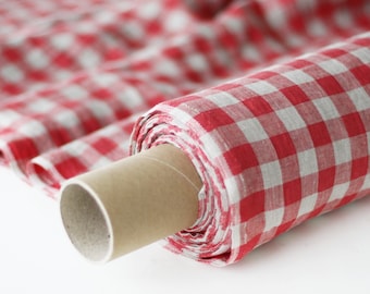 Checkered Linen Fabric - Red Gray Stonewashed 100% Linen Flax Material.