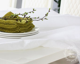 Wide Linen Tablecloth White. Stonewashed Fabric.